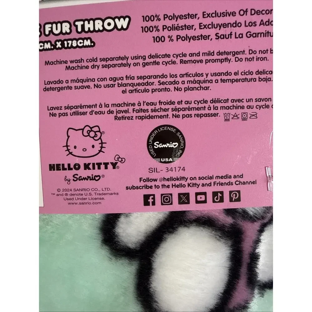 Hello Kitty Throw Blanket Ultra Fine Faux Green Fur Bowtastic Pink 2024 Sanrio